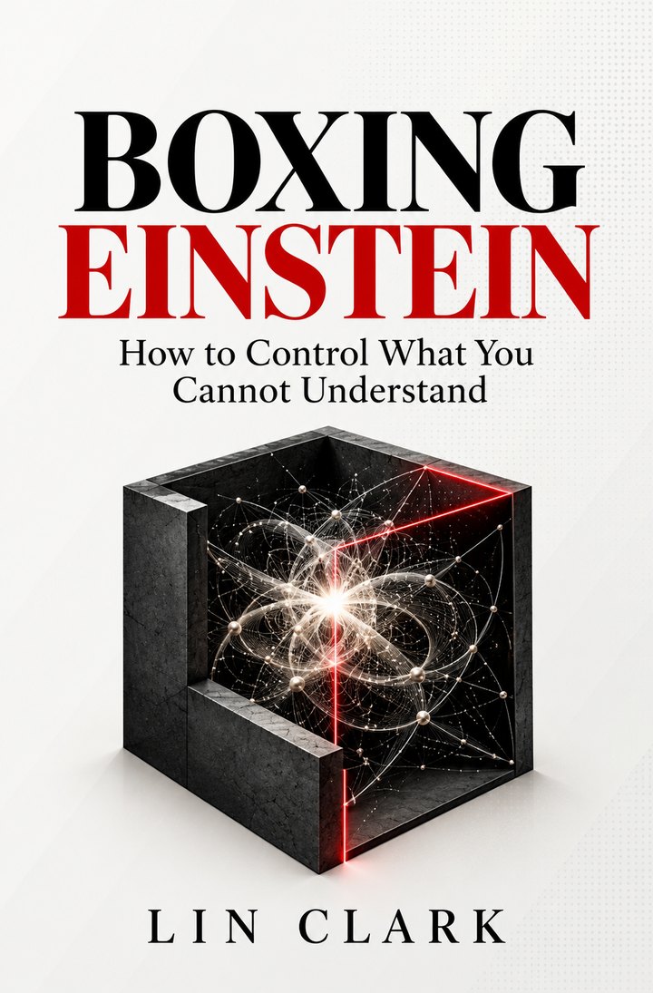Front cover of Boxing Einstein: How to Control What You Cannot Understand, by Lin Clark. A black cube, open on two faces, holding a bright tangle of light, with one edge glowing red.